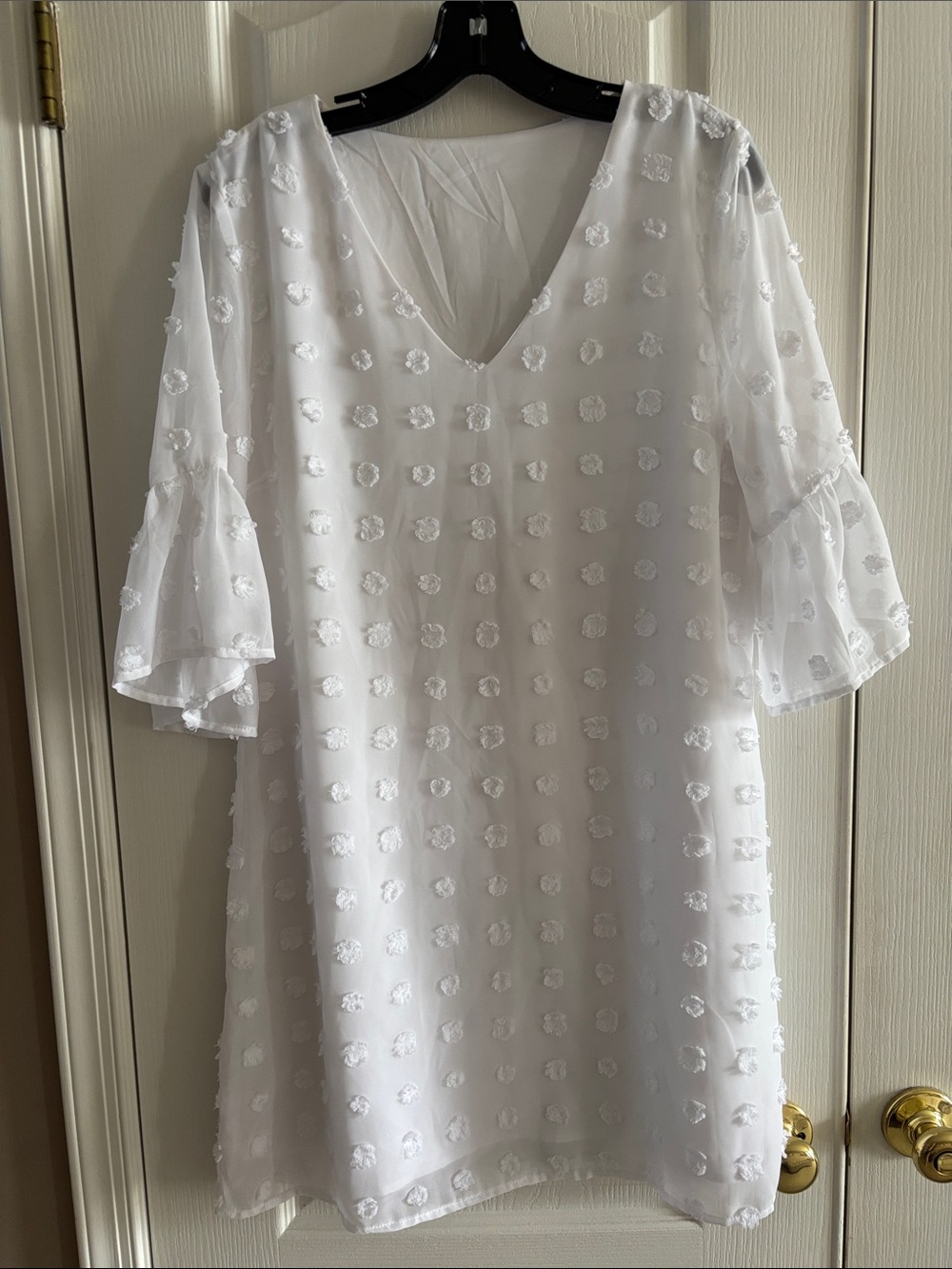 White Textured V-Neck Women's Dress